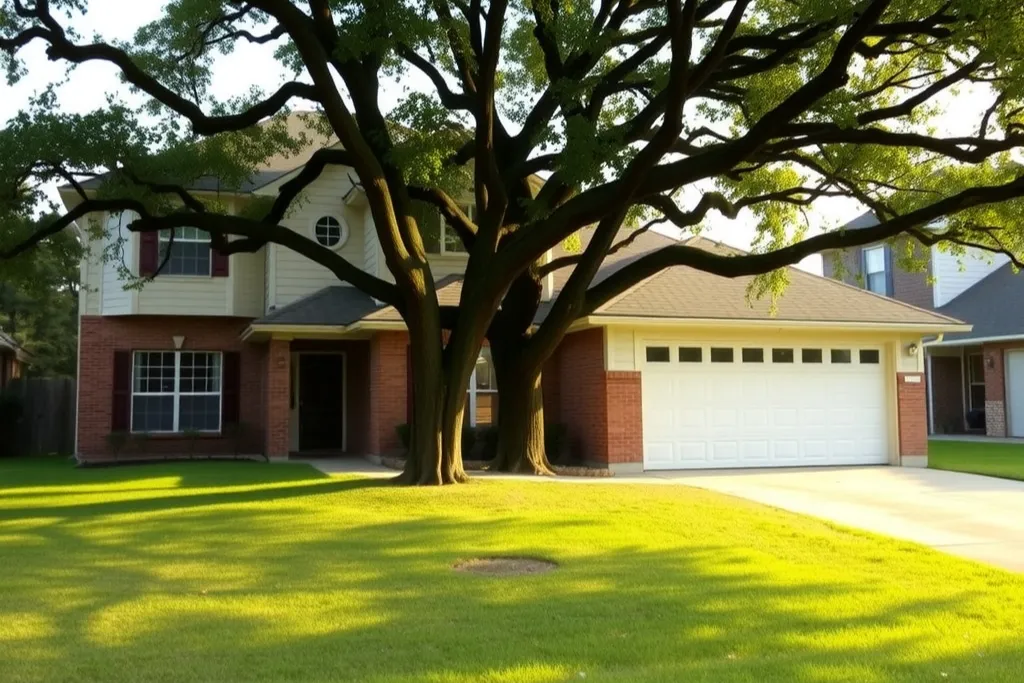 A two-storey brick and siding suburban house with a shingle roof beneath post oaks.